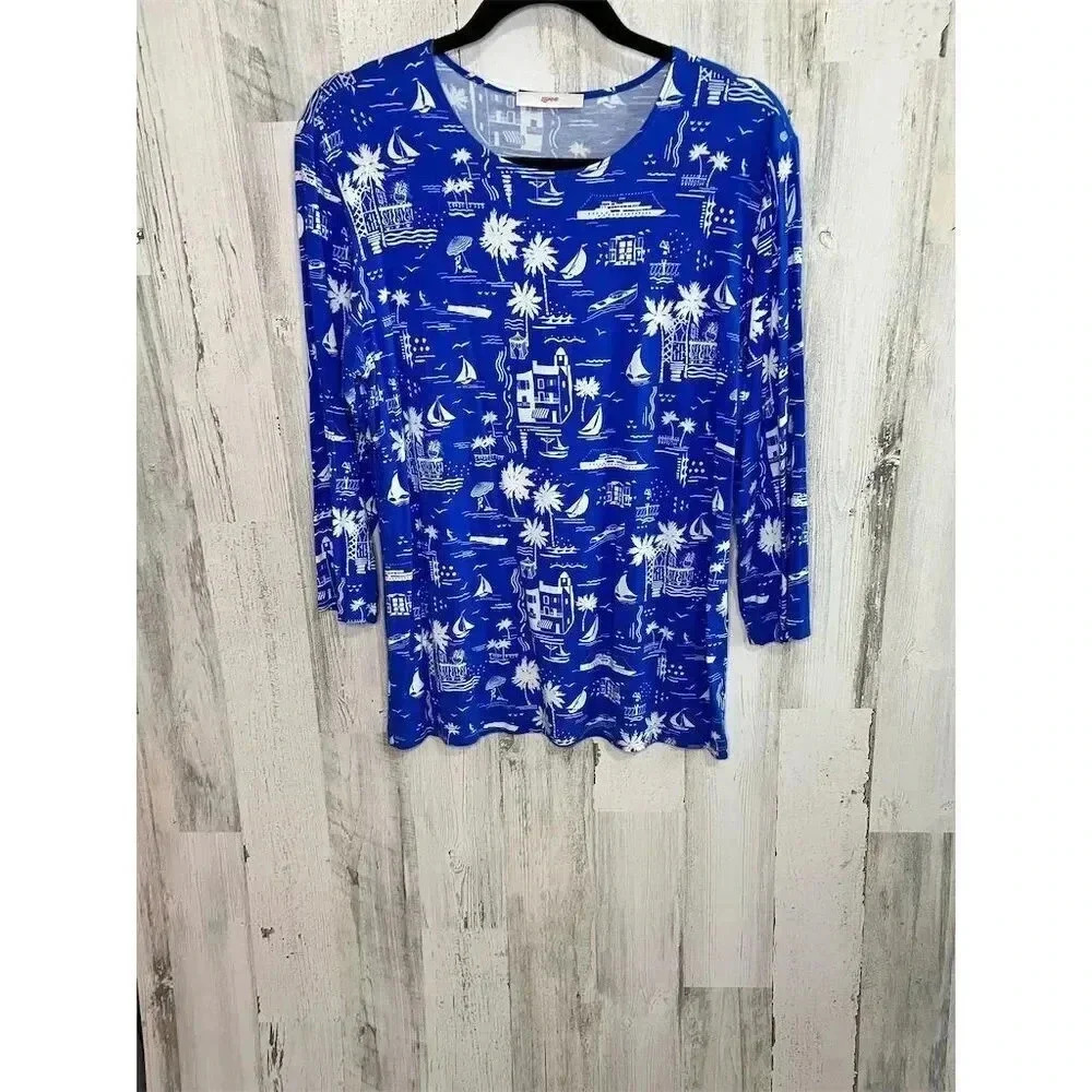 Leggiadro Women's size Large (12/14) Blue Knit Top Mediterranean‎ Summer Print